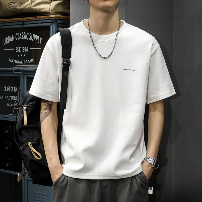 Heavy short-sleeved T-shirt men's top clothes summer new American cotton fashion brand bottoming white loose half-sleeved T-shirt - Image 5