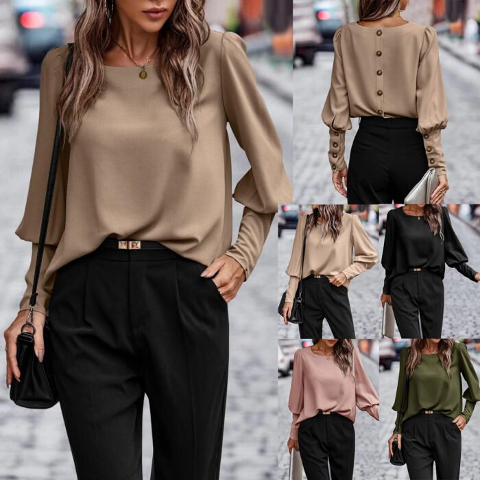 Foreign Trade European and American Clothing Cross-Border Amazon Independent Station Aliexpress T-Shirt Long-Sleeved Button Pure Color Casual Top - Image 1