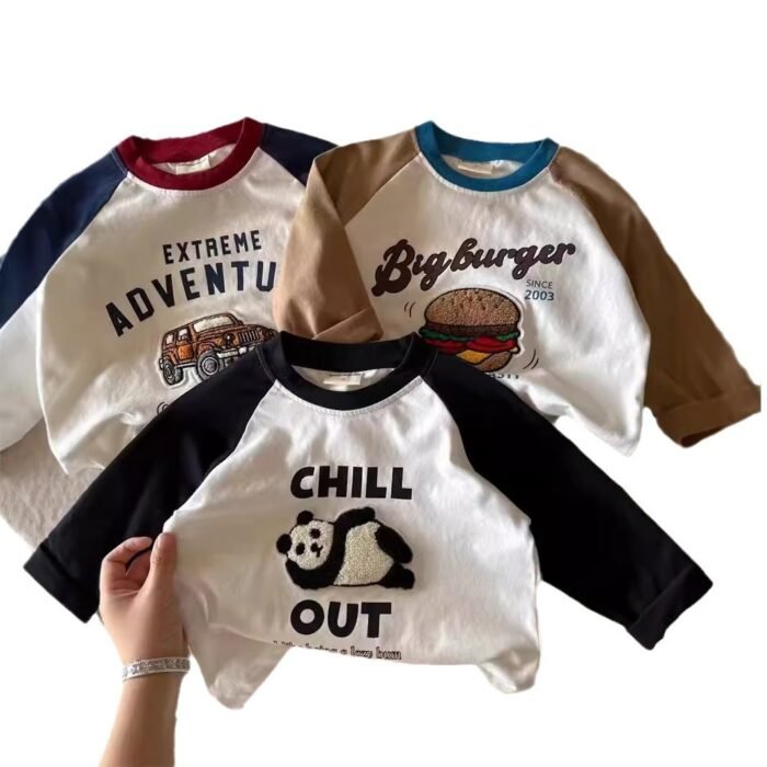 2025 New Spring & Fall Patch Kidsren's Clothing Boys' T-Shirts Long-Sleeved Spring Cotton Bottoming Shirts Kidsren's Multi-Color Boys - Image 5