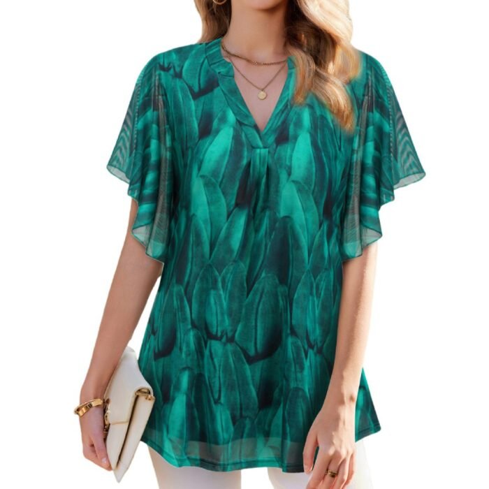 Summer cross-border European and American women's T-shirt Amazon V-neck short sleeved fashion thin mesh women's top shirt for women - Image 5