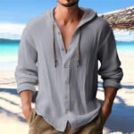 Cross-Border Amazon 2025 New Spring and Summer Men's Hooded T-Shirt Pure Color Cotton and Linen Men's Casual Long-Sleeved Top