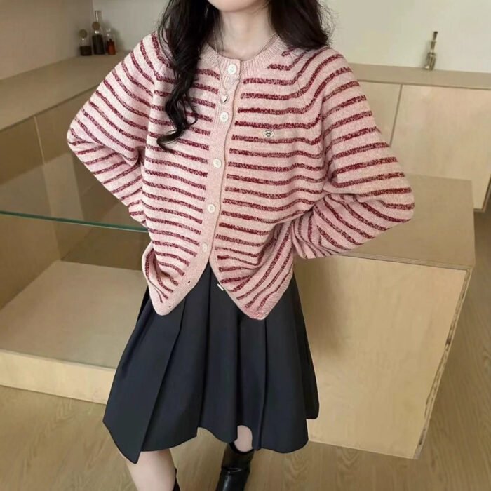 Color blocking striped knitted cardigan for women's outerwear, 2025 autumn and winter new round neck loose sweater jacket top - Image 1