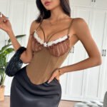 Cross-border sexy perspective mesh stitching lace chest cotton hot girl backless fishbone high-grade camisole 70113