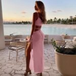 2024 European and American hot selling sloping collar camisole women's dress, European and American sexy lace up hollow out long dress, slit dress - Image 11