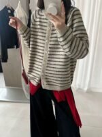 Color blocking striped knitted cardigan for women's outerwear, 2025 autumn and winter new round neck loose sweater jacket top - Image 4