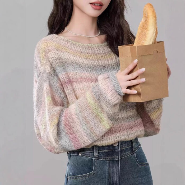 Colorful Striped Long-sleeved Sweater Women's Thin Spring New Lazy-style Hollow-out Loose off-shoulder Mohair Sweater - Image 1