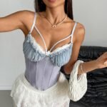 Cross-border sexy perspective mesh stitching lace chest cotton hot girl backless fishbone high-grade camisole 70113 - Image 3