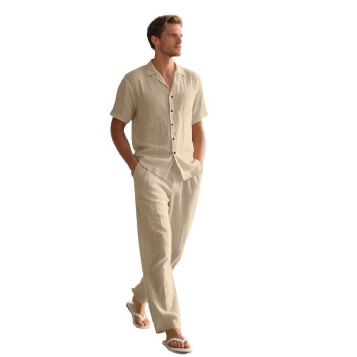 2025 Cross-border European and American Men's New Independent Station Casual Comfortable Button Turnaround Shirt Short-sleeved Trousers Beach suit - Image 5