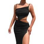 2024 European and American hot selling sloping collar camisole women's dress, European and American sexy lace up hollow out long dress, slit dress - Image 5