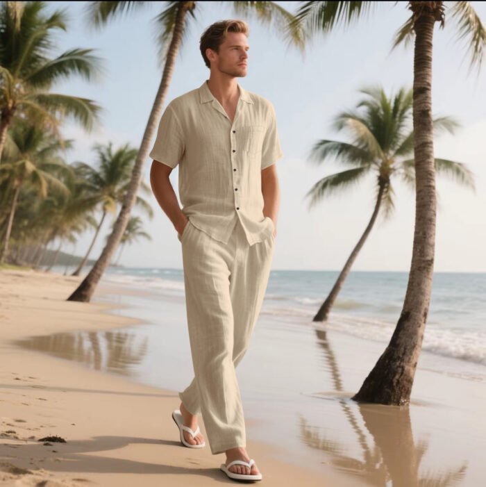 2025 Cross-border European and American Men's New Independent Station Casual Comfortable Button Turnaround Shirt Short-sleeved Trousers Beach suit - Image 9