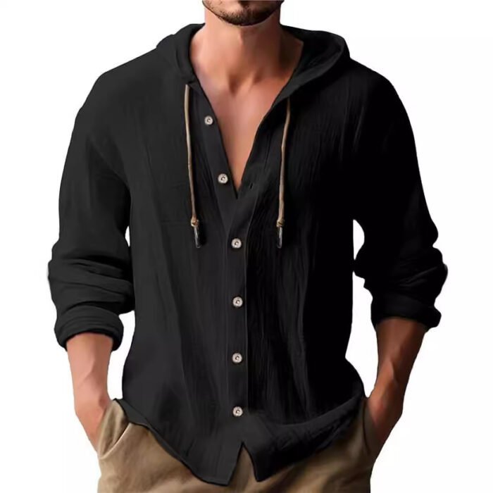 Cross-Border Amazon 2025 New Spring and Summer Men's Hooded T-Shirt Pure Color Cotton and Linen Men's Casual Long-Sleeved Top - Image 2