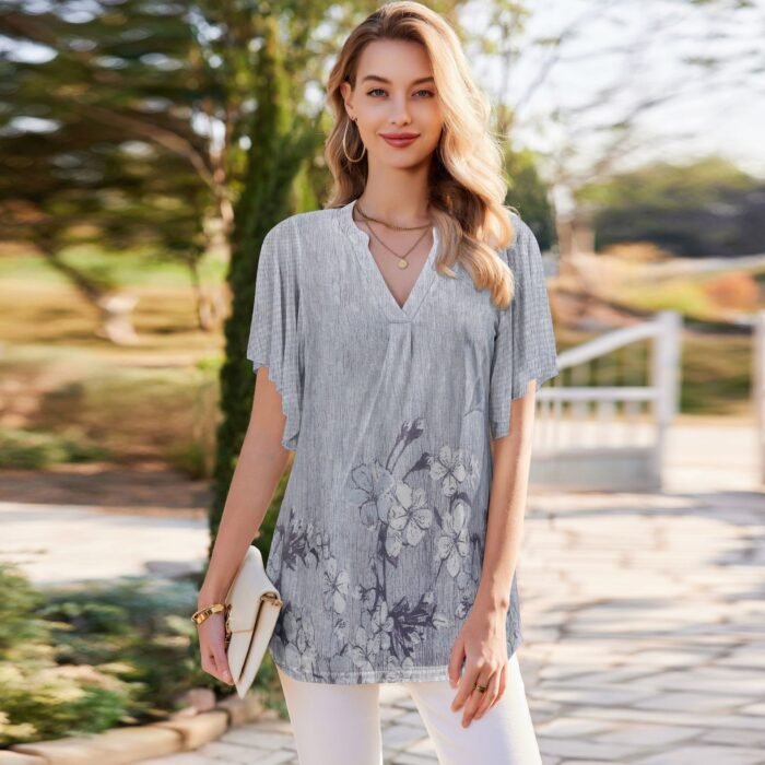 Summer cross-border European and American women's T-shirt Amazon V-neck short sleeved fashion thin mesh women's top shirt for women - Image 1