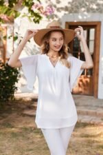 Summer cross-border European and American women's T-shirt Amazon V-neck short sleeved fashion thin mesh women's top shirt for women - Image 7