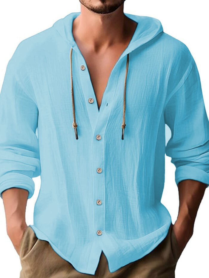 Cross-Border Amazon 2025 New Spring and Summer Men's Hooded T-Shirt Pure Color Cotton and Linen Men's Casual Long-Sleeved Top - Image 5