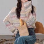 Colorful Striped Long-sleeved Sweater Women's Thin Spring New Lazy-style Hollow-out Loose off-shoulder Mohair Sweater - Image 2