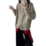 Color blocking striped knitted cardigan for women's outerwear, 2025 autumn and winter new round neck loose sweater jacket top - Image 3