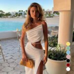 2024 European and American hot selling sloping collar camisole women's dress, European and American sexy lace up hollow out long dress, slit dress