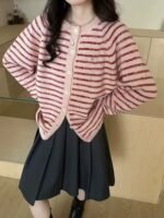 Color blocking striped knitted cardigan for women's outerwear, 2025 autumn and winter new round neck loose sweater jacket top - Image 5