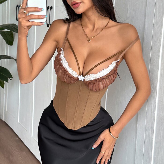 Cross-border sexy perspective mesh stitching lace chest cotton hot girl backless fishbone high-grade camisole 70113 - Image 10