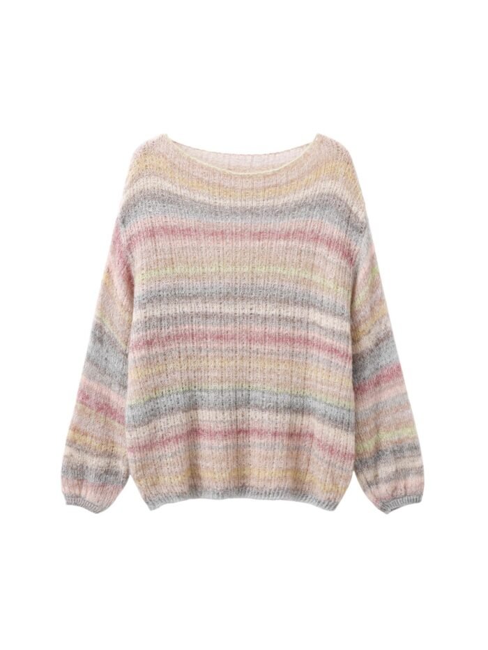 Colorful Striped Long-sleeved Sweater Women's Thin Spring New Lazy-style Hollow-out Loose off-shoulder Mohair Sweater - Image 6