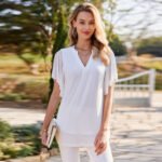 Summer cross-border European and American women's T-shirt Amazon V-neck short sleeved fashion thin mesh women's top shirt for women - Image 3