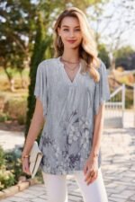 Summer cross-border European and American women's T-shirt Amazon V-neck short sleeved fashion thin mesh women's top shirt for women - Image 12